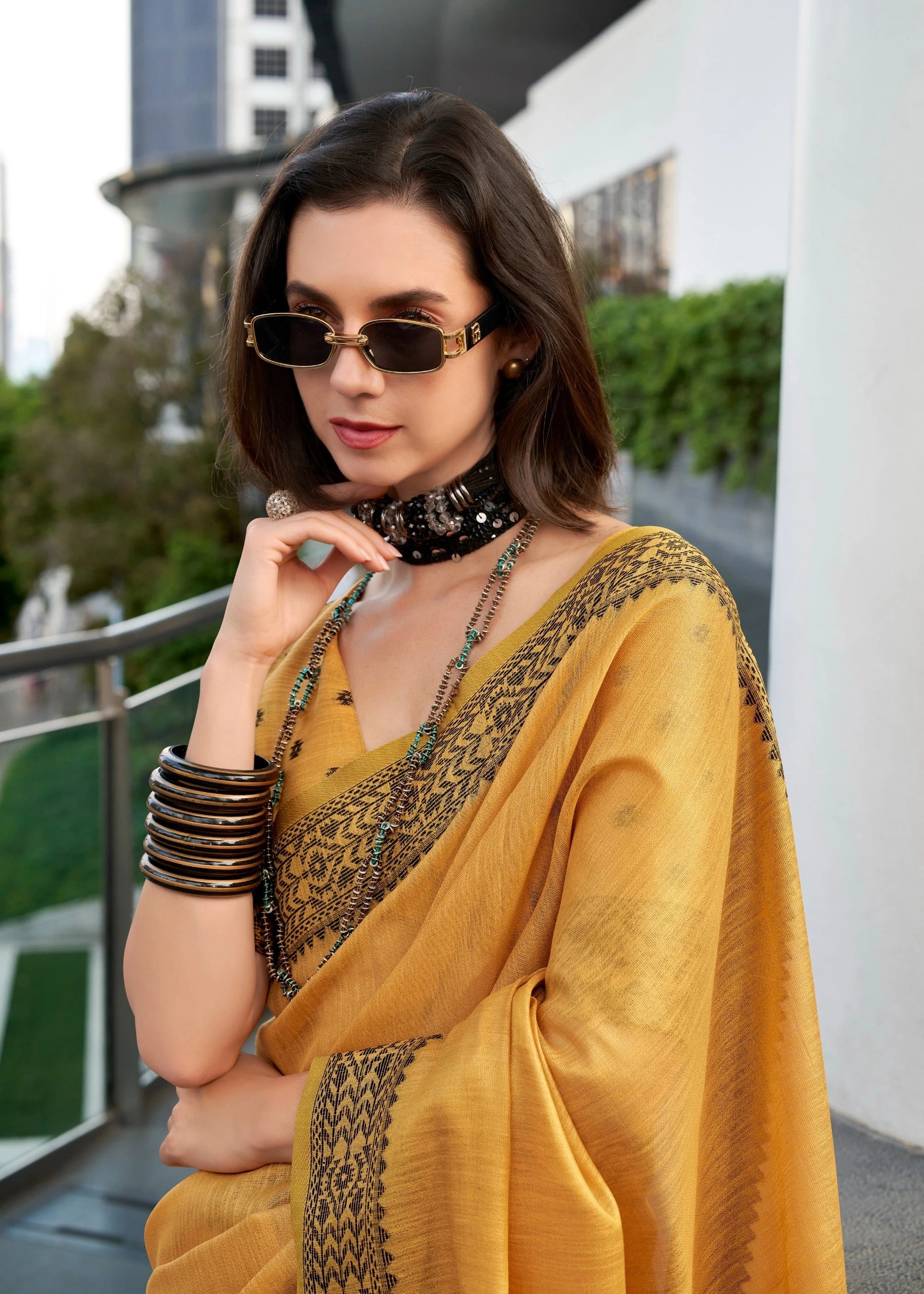 Mustard Yellow Zari Woven Border Linen Tissue Silk Saree Kalyanja Fashion